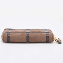 Pre Owned Salvatore Ferragamo Brown Alcantara and Leather Zip Around Compact Wallet