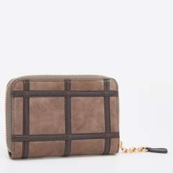 Pre Owned Salvatore Ferragamo Brown Alcantara and Leather Zip Around Compact Wallet