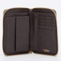 Pre Owned Salvatore Ferragamo Brown Alcantara and Leather Zip Around Compact Wallet
