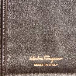 Pre Owned Salvatore Ferragamo Brown Alcantara and Leather Zip Around Compact Wallet
