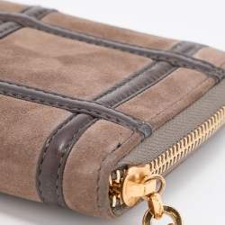 Pre Owned Salvatore Ferragamo Brown Alcantara and Leather Zip Around Compact Wallet