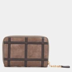 Pre Owned Salvatore Ferragamo Brown Alcantara and Leather Zip Around Compact Wallet