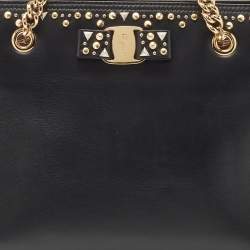 Pre Owned Salvatore Ferragamo Black Leather Medium Studded Melike Tote