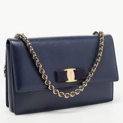 Pre Owned Salvatore Ferragamo Dark Blue Leather Vara Bow Chain Shoulder Bag