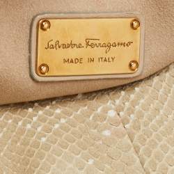 Pre Owned Salvatore Ferragamo Cream/Beige Watersnake and Leather Studded Sofia Top Handle Bag
