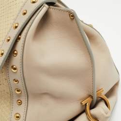 Pre Owned Salvatore Ferragamo Cream/Beige Watersnake and Leather Studded Sofia Top Handle Bag