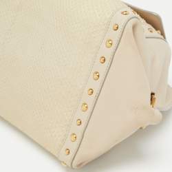 Pre Owned Salvatore Ferragamo Cream/Beige Watersnake and Leather Studded Sofia Top Handle Bag