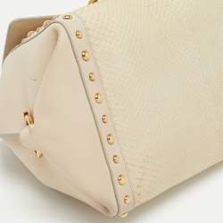 Pre Owned Salvatore Ferragamo Cream/Beige Watersnake and Leather Studded Sofia Top Handle Bag