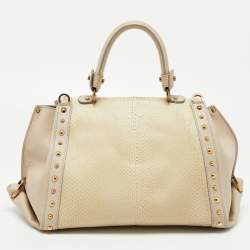 Pre Owned Salvatore Ferragamo Cream/Beige Watersnake and Leather Studded Sofia Top Handle Bag