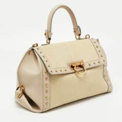 Pre Owned Salvatore Ferragamo Cream/Beige Watersnake and Leather Studded Sofia Top Handle Bag