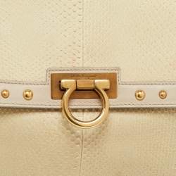Pre Owned Salvatore Ferragamo Cream/Beige Watersnake and Leather Studded Sofia Top Handle Bag
