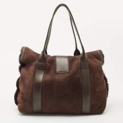Salvatore Ferragamo Dark Brown Shimmer Nubuck and Leather Gancio Flap Tote