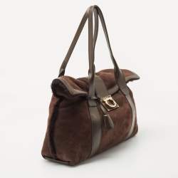 Salvatore Ferragamo Dark Brown Shimmer Nubuck and Leather Gancio Flap Tote