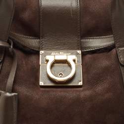 Salvatore Ferragamo Dark Brown Shimmer Nubuck and Leather Gancio Flap Tote