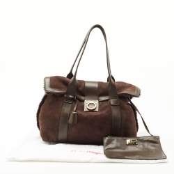Salvatore Ferragamo Dark Brown Shimmer Nubuck and Leather Gancio Flap Tote