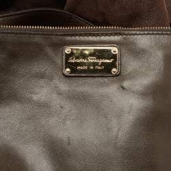 Salvatore Ferragamo Dark Brown Shimmer Nubuck and Leather Gancio Flap Tote