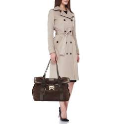 Salvatore Ferragamo Dark Brown Shimmer Nubuck and Leather Gancio Flap Tote