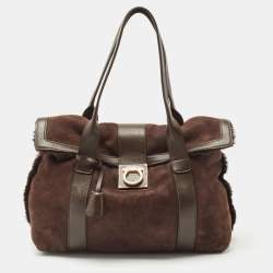 Salvatore Ferragamo Dark Brown Shimmer Nubuck and Leather Gancio Flap Tote