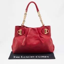 Pre Owned Salvatore Ferragamo Red Leather Gancini Chain Tote