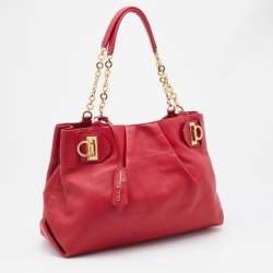 Pre Owned Salvatore Ferragamo Red Leather Gancini Chain Tote