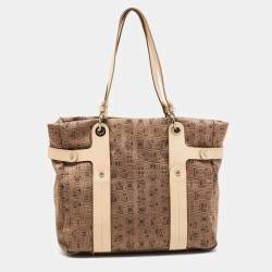 Pre Owned Salvatore Ferragamo Brown/Beige Jacquard Fabric and Leather Tote