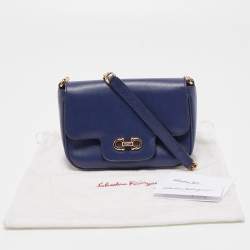 Pre Owned Salvatore Ferragamo Navy Blue Leather Gancini Flap Crossbody Bag 