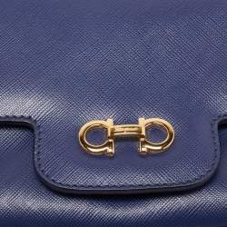 Pre Owned Salvatore Ferragamo Navy Blue Leather Gancini Flap Crossbody Bag 