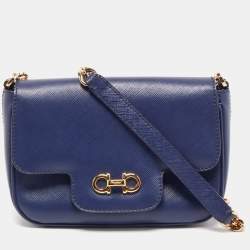 Pre Owned Salvatore Ferragamo Navy Blue Leather Gancini Flap Crossbody Bag 