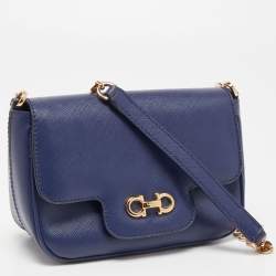 Pre Owned Salvatore Ferragamo Navy Blue Leather Gancini Flap Crossbody Bag 