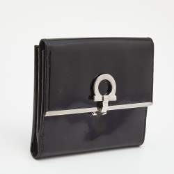 Salvatore Ferragamo Black Patent Leather Gancini Tri Fold Wallet