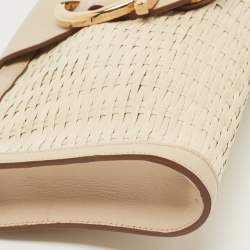 Pre Owned Salvatore Ferragamo Beige/Off White Woven Leather Gancini Chain Clutch