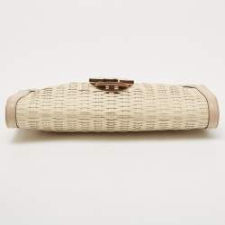 Pre Owned Salvatore Ferragamo Beige/Off White Woven Leather Gancini Chain Clutch