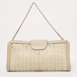 Pre Owned Salvatore Ferragamo Beige/Off White Woven Leather Gancini Chain Clutch