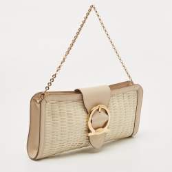 Pre Owned Salvatore Ferragamo Beige/Off White Woven Leather Gancini Chain Clutch