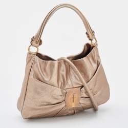 Salvatore Ferragamo Bronze Leather Pleated Bow Hobo