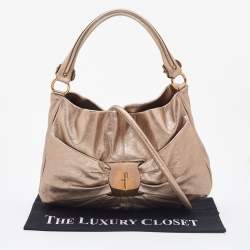 Salvatore Ferragamo Bronze Leather Pleated Bow Hobo