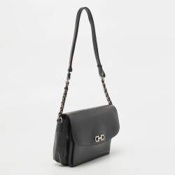 Salvatore Ferragamo Black Leather Gancini Flap Shoulder Bag