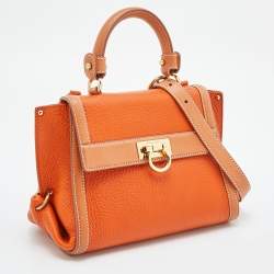 Pre Owned Salvatore Ferragamo Two Tone Orange Leather Small Sofia Top Handle Bag