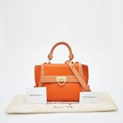 Pre Owned Salvatore Ferragamo Two Tone Orange Leather Small Sofia Top Handle Bag