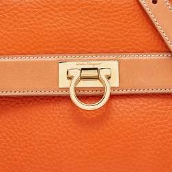Pre Owned Salvatore Ferragamo Two Tone Orange Leather Small Sofia Top Handle Bag