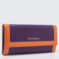 Pre Owned Salvatore Ferragamo Purple/Orange Saffiano Leather Flap Continental Wallet