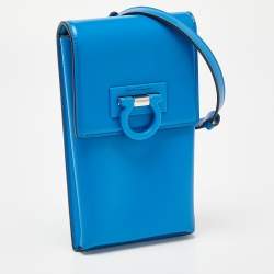 Pre Owned Salvatore Ferragamo Blue Leather Trifolio Phone Holder Crossbody Bag
