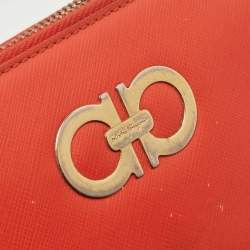Pre Owned Salvatore Ferragamo Orange Leather Double Gancio Zip Around Wallet