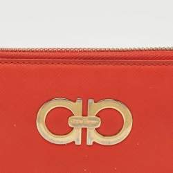 Pre Owned Salvatore Ferragamo Orange Leather Double Gancio Zip Around Wallet