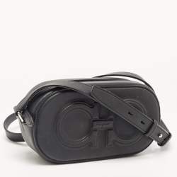 Pre Owned Salvatore Ferragamo Black Leather Double Gancio Crossbody Bag