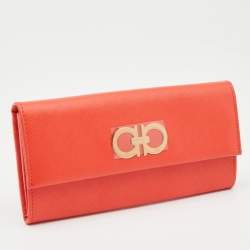 Pre Owned Salvatore Ferragamo Orange Gancio Leather Continental Wallet