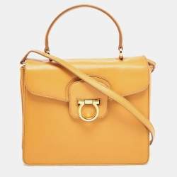 Salvatore Ferragamo Mustard Leather Kelly Top Handle Bag