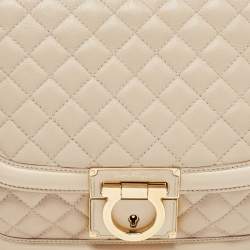 Pre Owned Salvatore Ferragamo Beige Quilted Leather Flap Shoulder Bag
