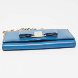 Salvatore Ferragamo Blue Leather Vara Bow Wallet on Chain