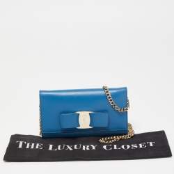 Salvatore Ferragamo Blue Leather Vara Bow Wallet on Chain